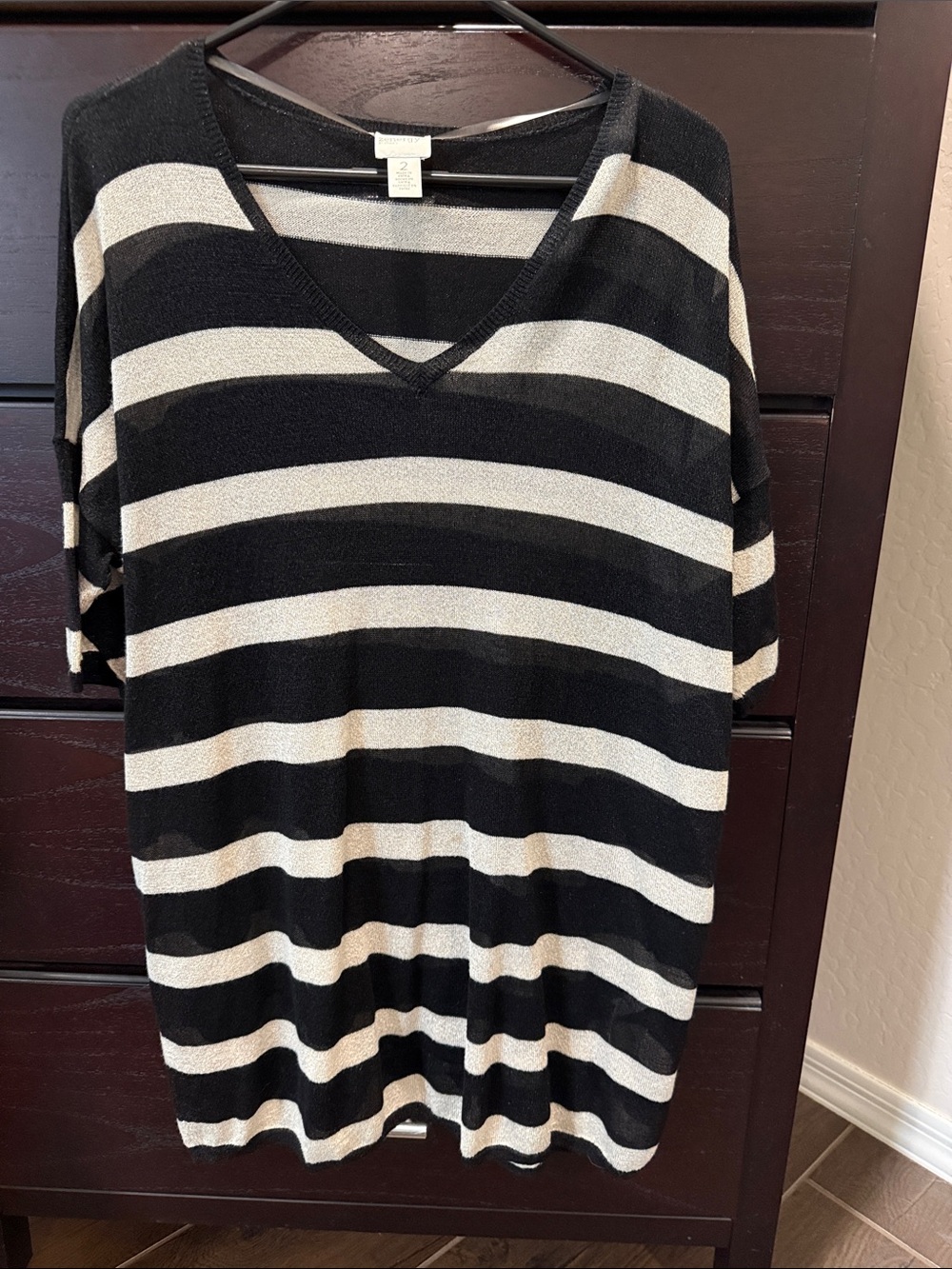 Chico's Black & Cream Striped V-Neck Tunic